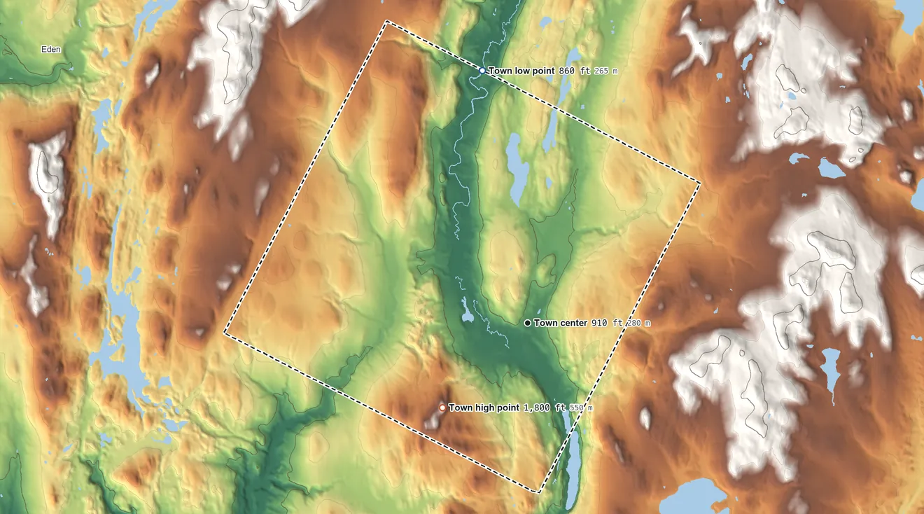 Topographic elevation map of Craftsbury, Vermont, shaded from 860 ft on the north side to 1,800 ft on West Hill