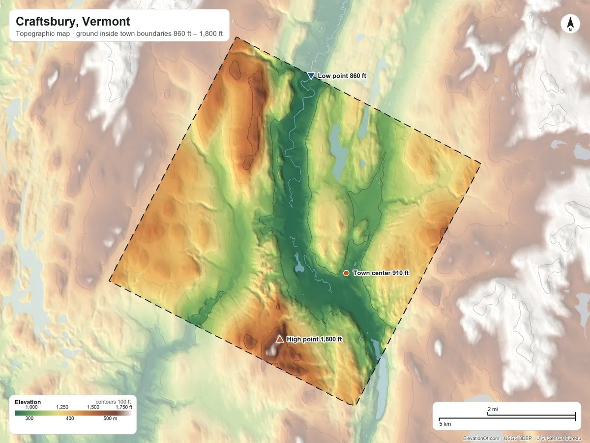 Topographic elevation map of Craftsbury, Vermont, shaded from 860 ft on the north side to 1,800 ft on West Hill