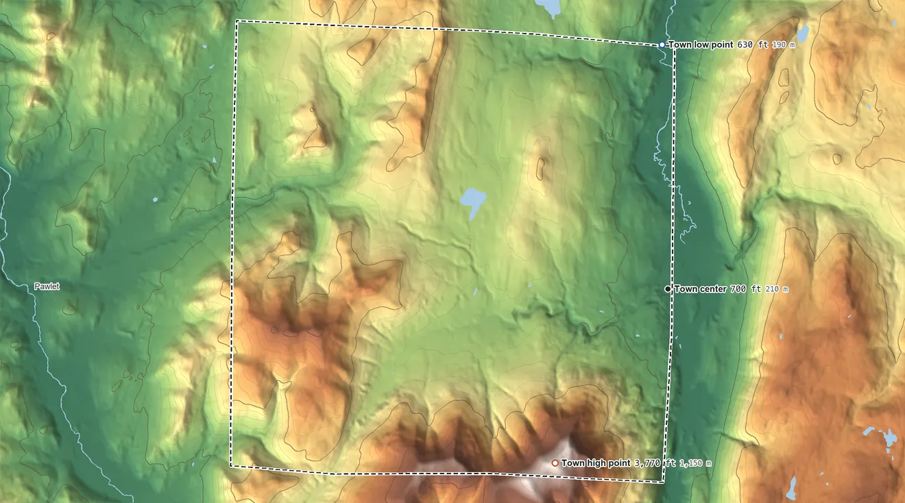 Topographic elevation map of Danby, Vermont, shaded from 630 ft on the north side to 3,770 ft on Dorset Mountain