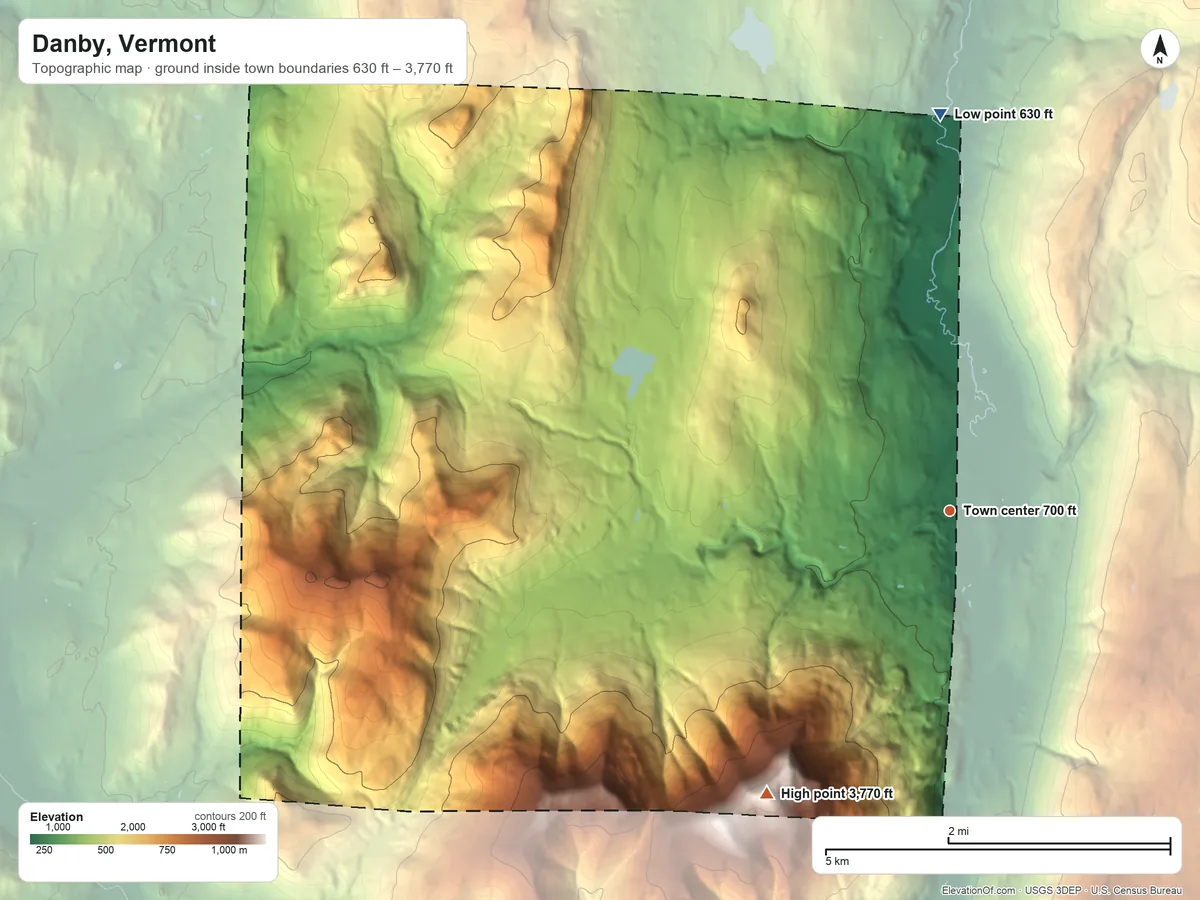 Topographic elevation map of Danby, Vermont, shaded from 630 ft on the north side to 3,770 ft on Dorset Mountain