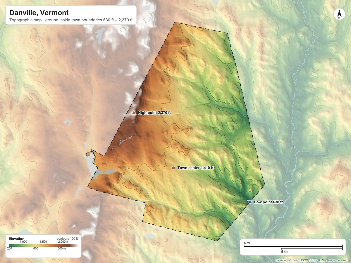 Topographic elevation map of Danville, Vermont, shaded from 630 ft on the southeast side to 2,370 ft on the northwest side