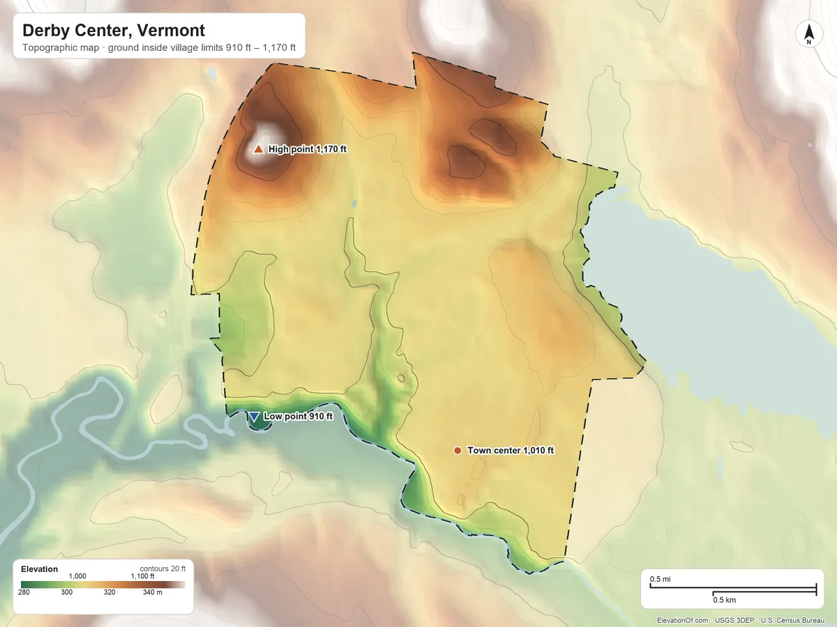 Topographic elevation map of Derby Center, Vermont, shaded from 910 ft on the west side to 1,170 ft on the northwest side
