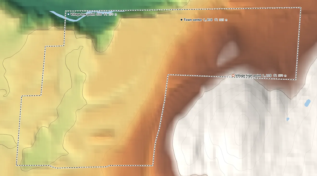 Topographic elevation map of Derby Line, Vermont, shaded from 880 ft on the west side to 1,210 ft on the southeast edge, below higher ground just outside