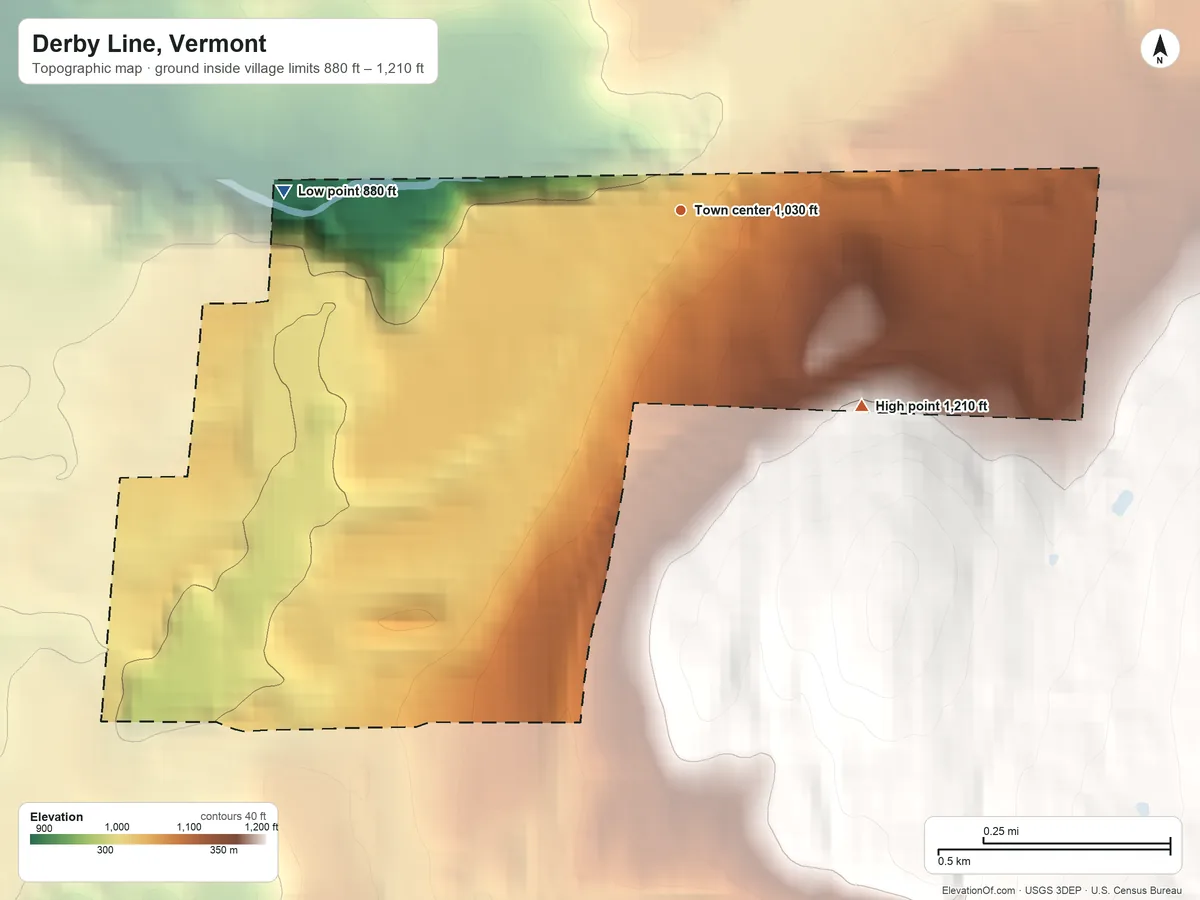 Topographic elevation map of Derby Line, Vermont, shaded from 880 ft on the west side to 1,210 ft on the southeast edge, below higher ground just outside