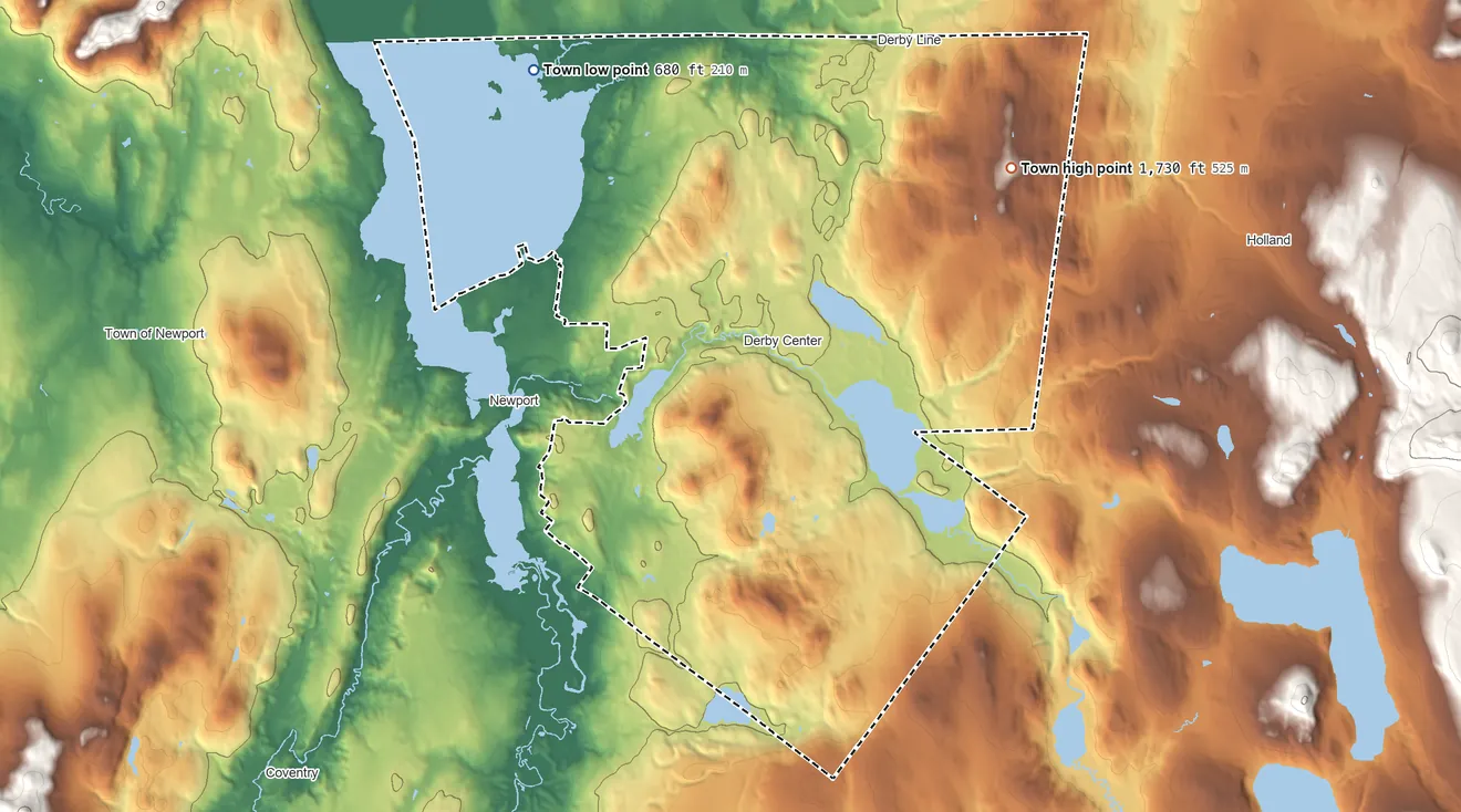 Topographic elevation map of Derby, Vermont, shaded from 680 ft on the northwest side to 1,730 ft on Nelson Hill