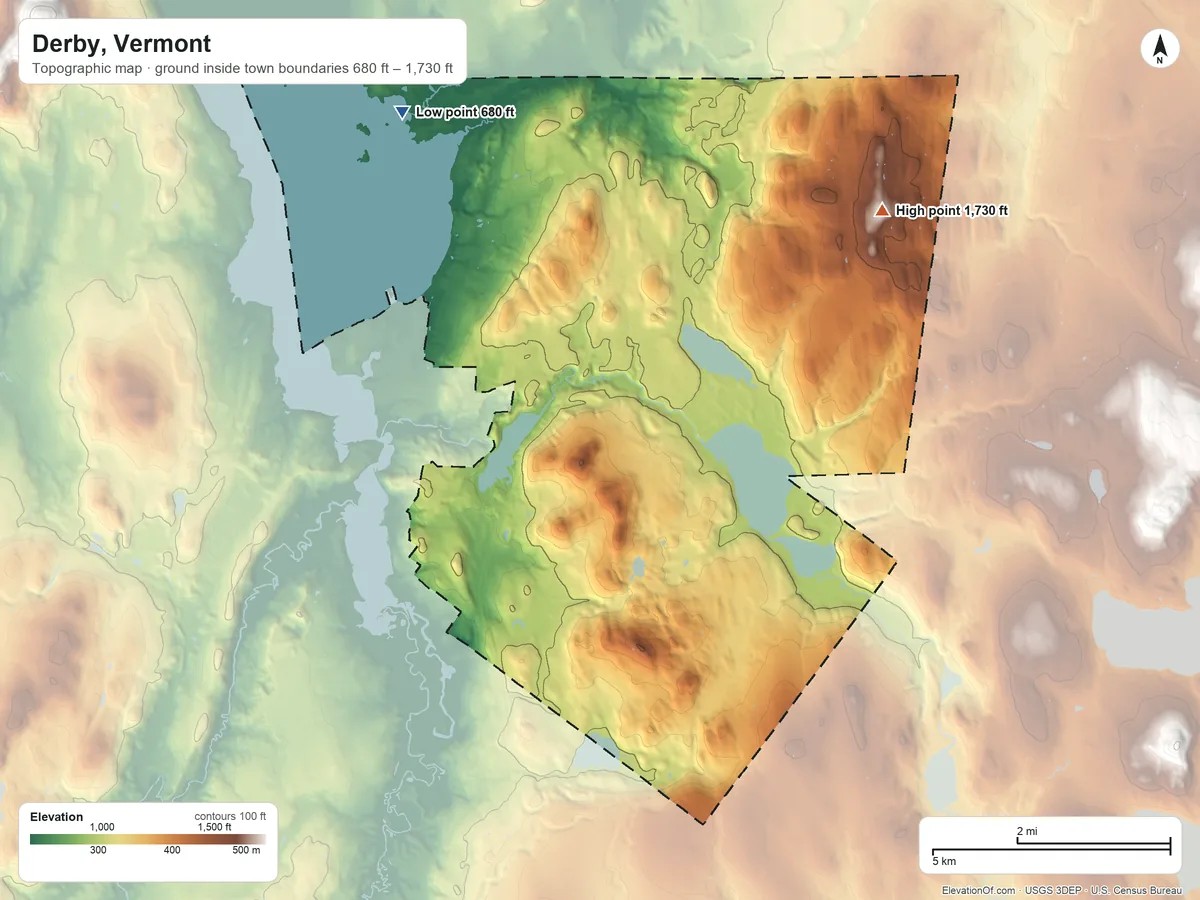 Topographic elevation map of Derby, Vermont, shaded from 680 ft on the northwest side to 1,730 ft on Nelson Hill