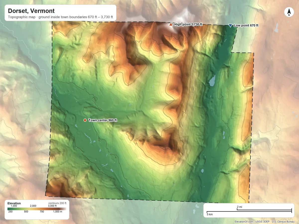 Topographic elevation map of Dorset, Vermont, shaded from 670 ft on the northeast side to 3,730 ft on the northeast side