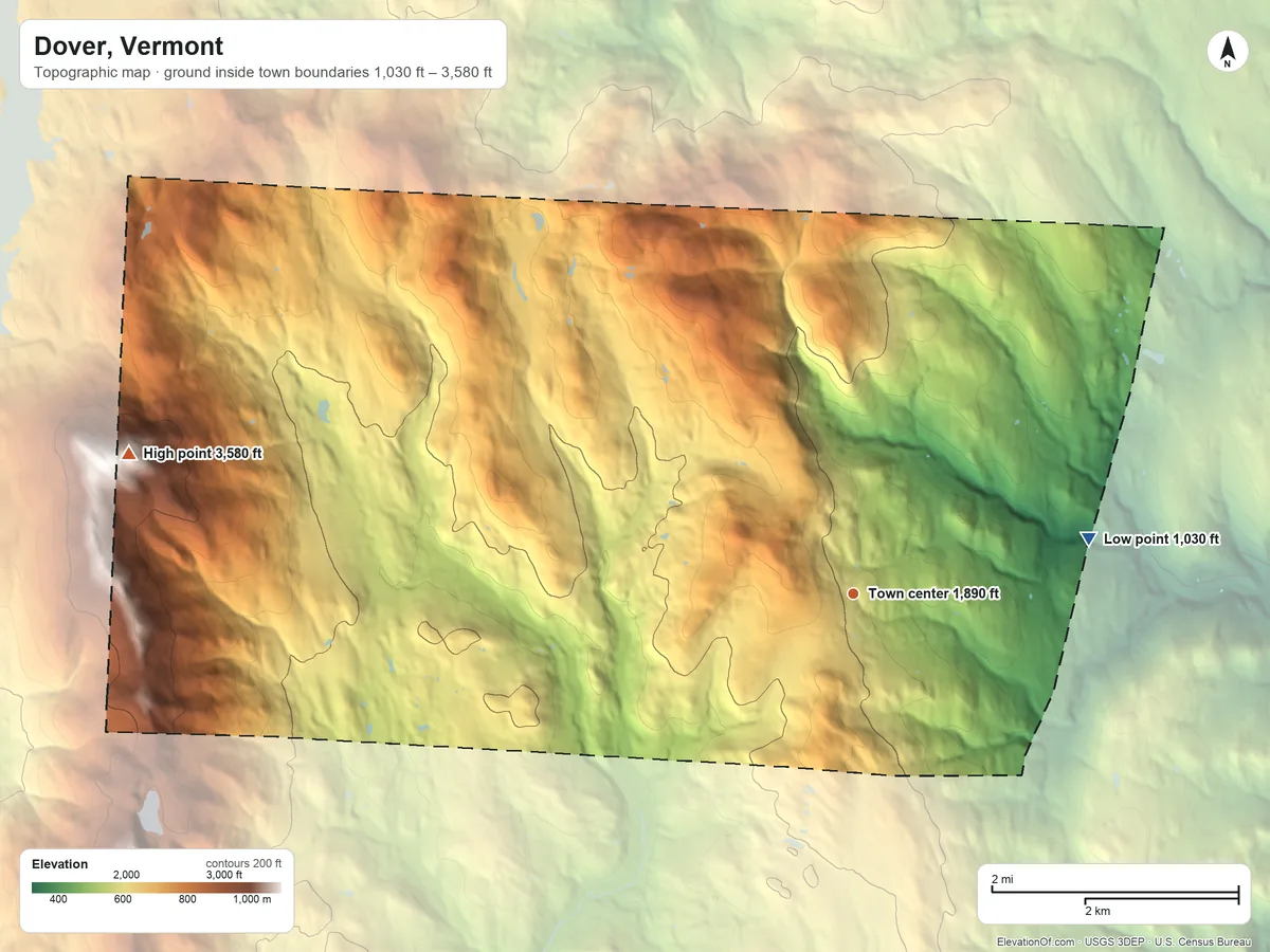 Topographic elevation map of Dover, Vermont, shaded from 1,030 ft on the east side to 3,580 ft on the west edge, below higher ground just outside