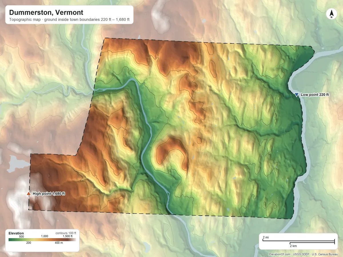 Topographic elevation map of Dummerston, Vermont, shaded from 220 ft on the northeast side to 1,680 ft on the west side
