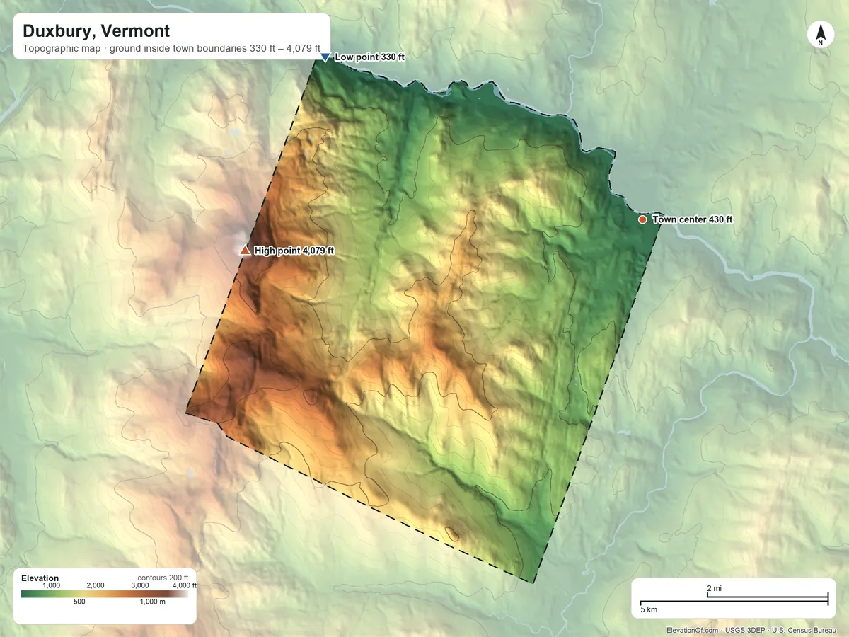Topographic elevation map of Duxbury, Vermont, shaded from 330 ft on the northwest side to 4,079 ft on Camels Hump