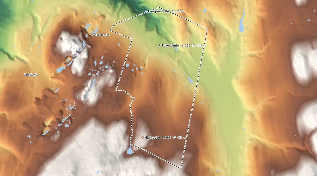 Topographic elevation map of East Barre, Vermont, shaded from 960 ft on the north side to 1,590 ft on the south edge, below higher ground just outside