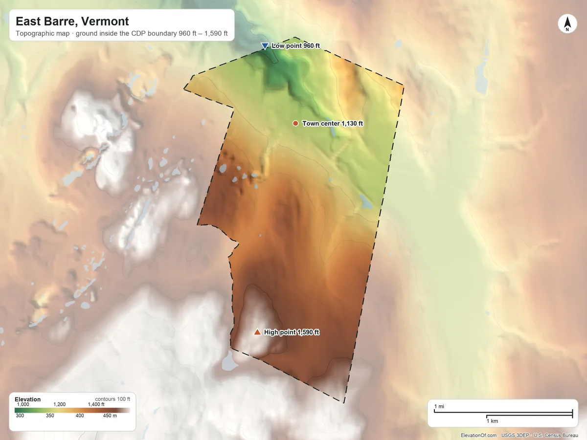 Topographic elevation map of East Barre, Vermont, shaded from 960 ft on the north side to 1,590 ft on the south edge, below higher ground just outside