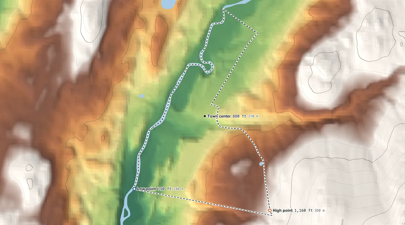 Topographic elevation map of East Burke, Vermont, shaded from 790 ft on the southwest side to 1,160 ft at the foot of the East Haven Range