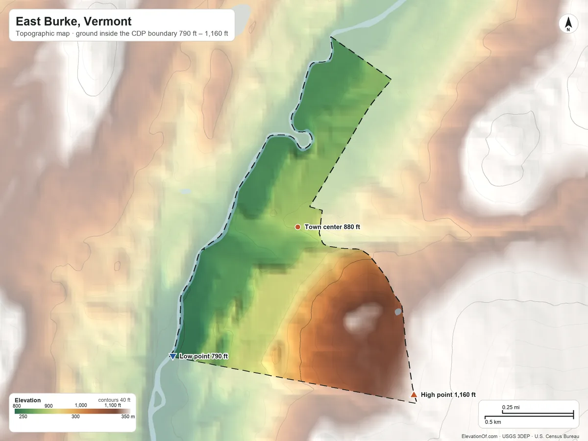 Topographic elevation map of East Burke, Vermont, shaded from 790 ft on the southwest side to 1,160 ft at the foot of the East Haven Range