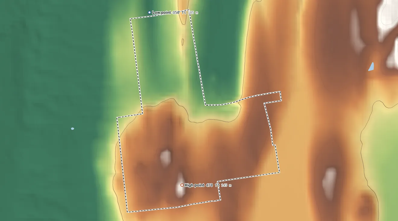 Topographic elevation map of East Charlotte, Vermont, shaded from 350 ft on the north side to 470 ft on the south side