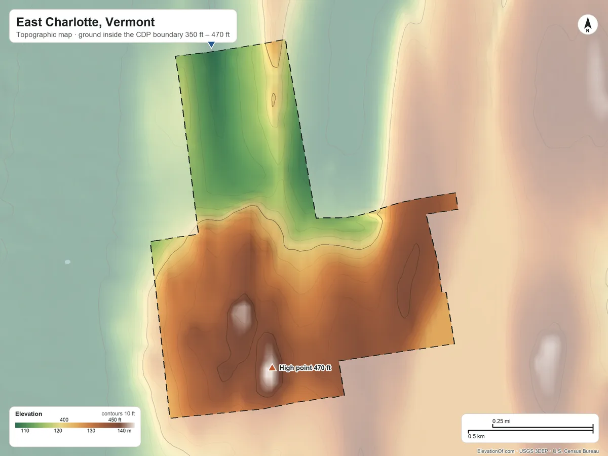 Topographic elevation map of East Charlotte, Vermont, shaded from 350 ft on the north side to 470 ft on the south side