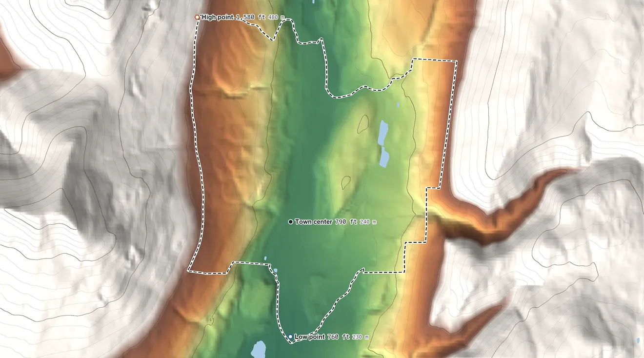 Topographic elevation map of East Dorset, Vermont, shaded from 760 ft on the south side to 1,580 ft on the northwest edge, below higher ground just outside