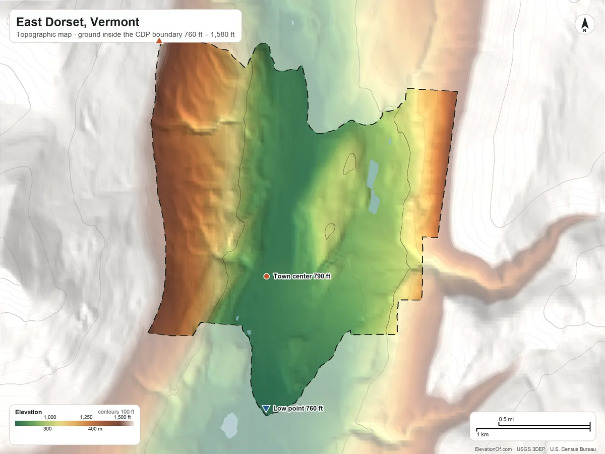 Topographic elevation map of East Dorset, Vermont, shaded from 760 ft on the south side to 1,580 ft on the northwest edge, below higher ground just outside