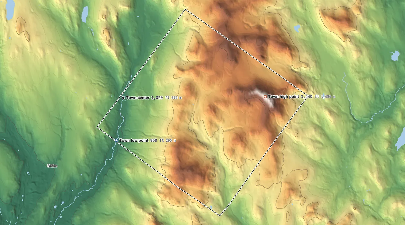 Topographic elevation map of East Haven, Vermont, shaded from 960 ft on the south side to 3,438 ft on East Mountain