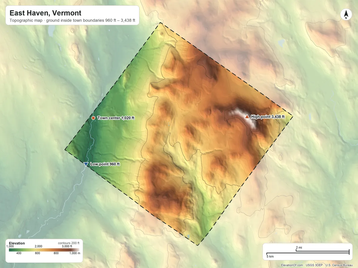 Topographic elevation map of East Haven, Vermont, shaded from 960 ft on the south side to 3,438 ft on East Mountain
