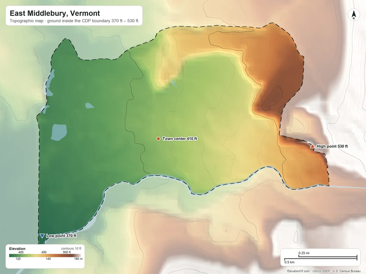 Topographic elevation map of East Middlebury, Vermont, shaded from 370 ft on the southwest side to 530 ft at the foot of the Northfield Mountains