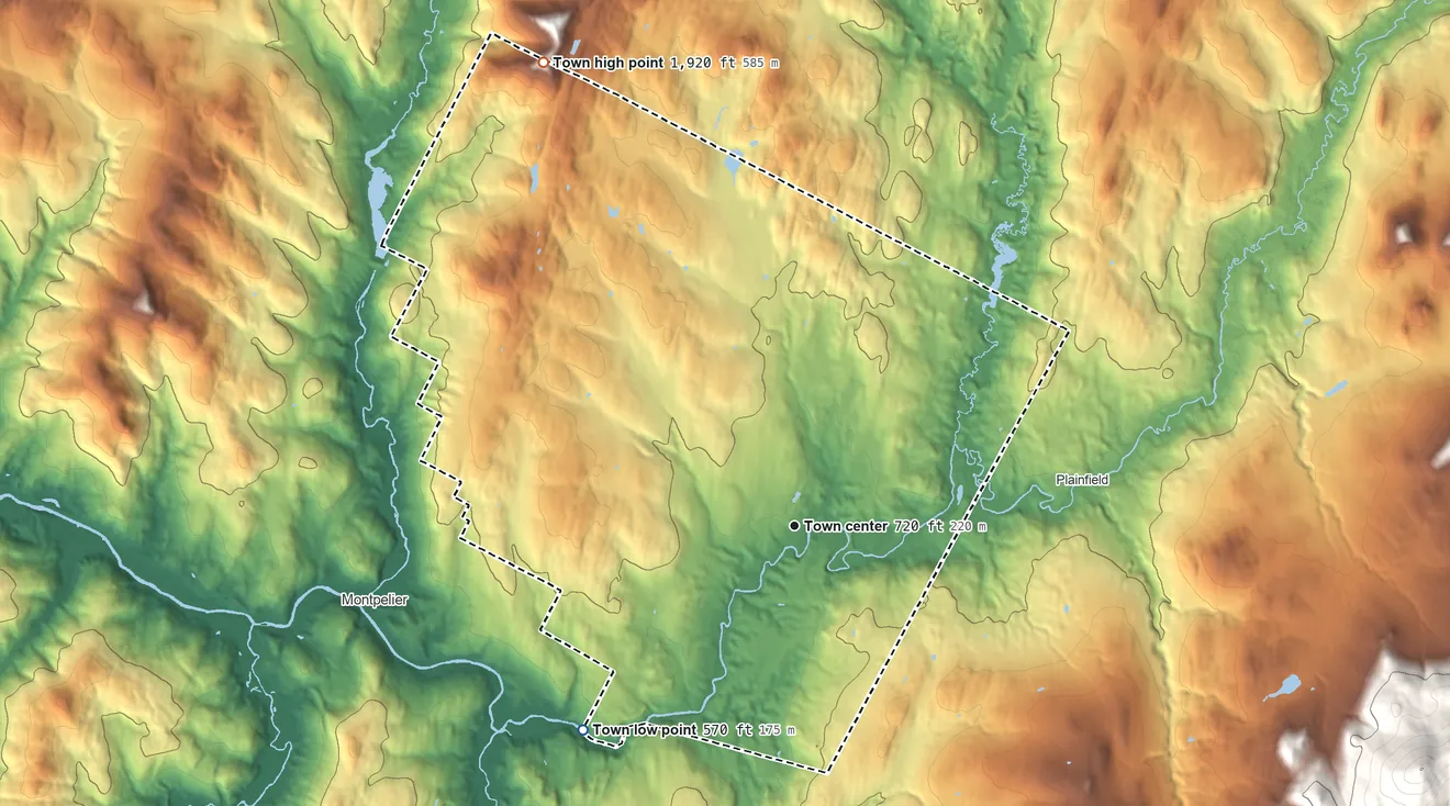 Topographic elevation map of East Montpelier, Vermont, shaded from 570 ft on the southwest side to 1,920 ft on the northwest side
