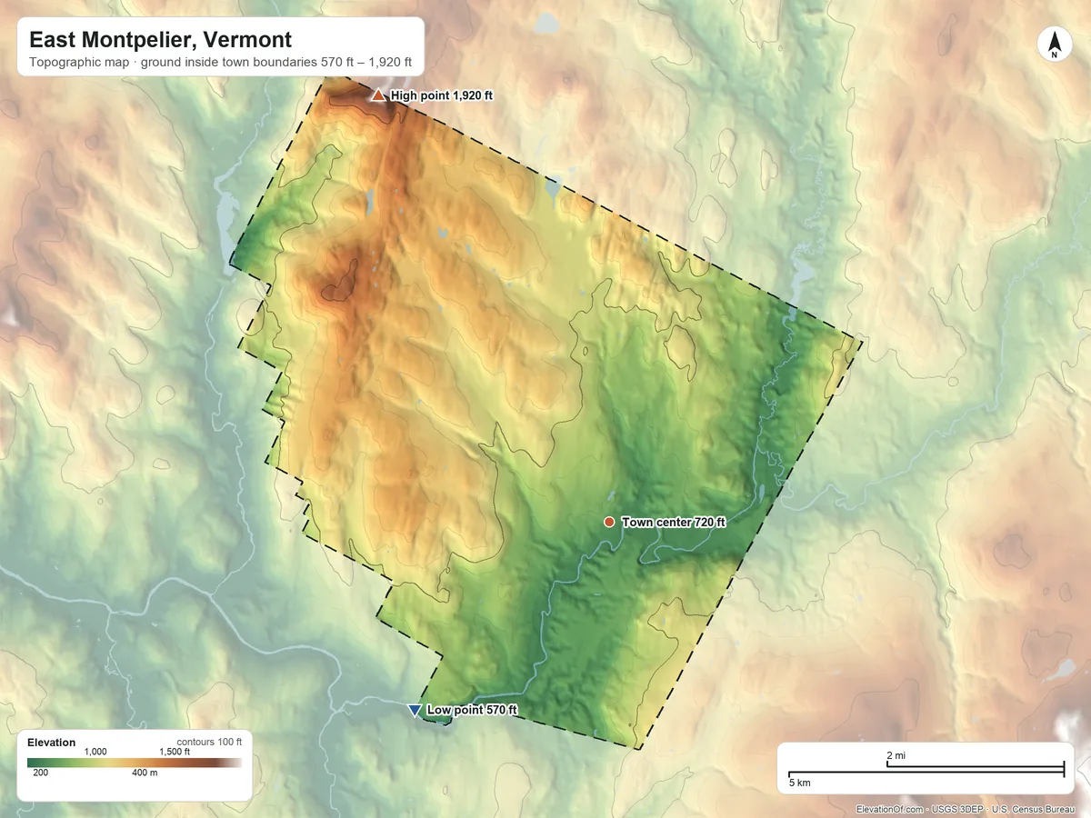 Topographic elevation map of East Montpelier, Vermont, shaded from 570 ft on the southwest side to 1,920 ft on the northwest side