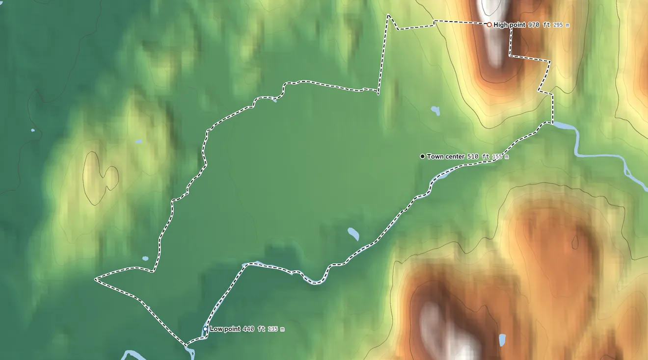 Topographic elevation map of East Poultney, Vermont, shaded from 440 ft on the southwest side to 970 ft on the northeast side