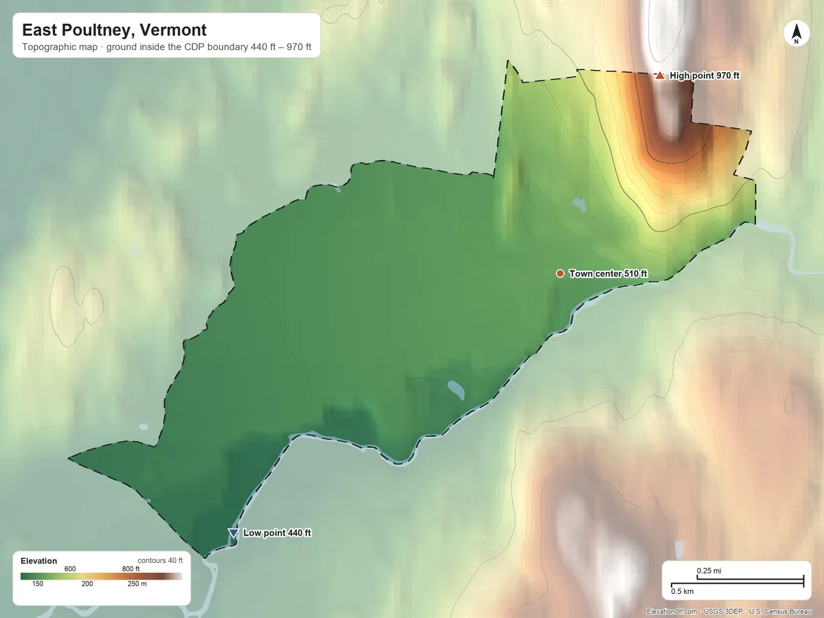 Topographic elevation map of East Poultney, Vermont, shaded from 440 ft on the southwest side to 970 ft on the northeast side