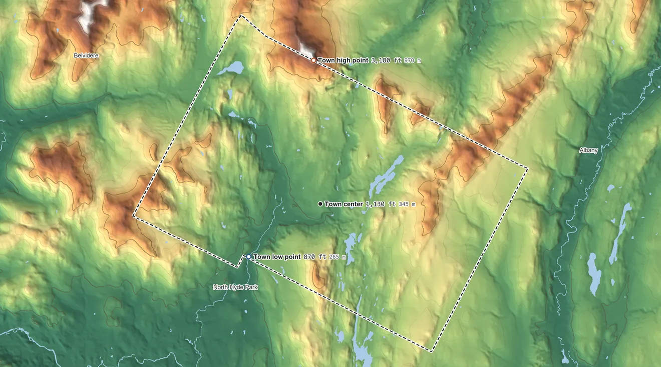 Topographic elevation map of Eden, Vermont, shaded from 870 ft on the southwest side to 3,180 ft on the north edge, below higher ground just outside