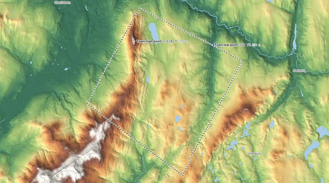 Topographic elevation map of Elmore, Vermont, shaded from 760 ft on the east side to 2,609 ft on Elmore Mountain