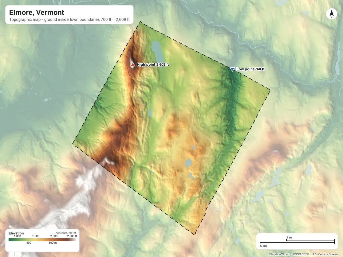 Topographic elevation map of Elmore, Vermont, shaded from 760 ft on the east side to 2,609 ft on Elmore Mountain