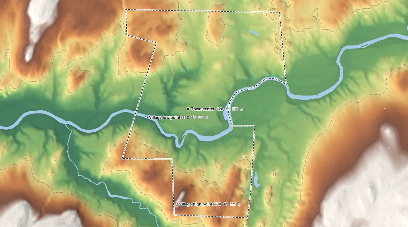 Topographic elevation map of Enosburg Falls, Vermont, shaded from 360 ft on the west side to 730 ft at the foot of the Cold Hollow Mountains