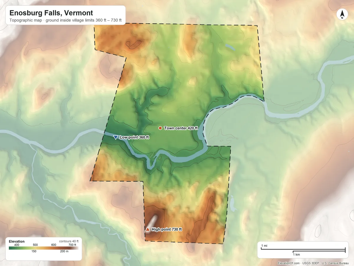 Topographic elevation map of Enosburg Falls, Vermont, shaded from 360 ft on the west side to 730 ft at the foot of the Cold Hollow Mountains