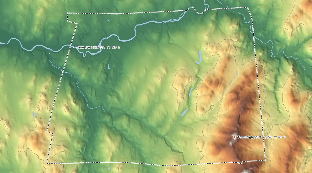 Topographic elevation map of Enosburgh, Vermont, shaded from 360 ft on the northwest side to 2,150 ft on the southeast side