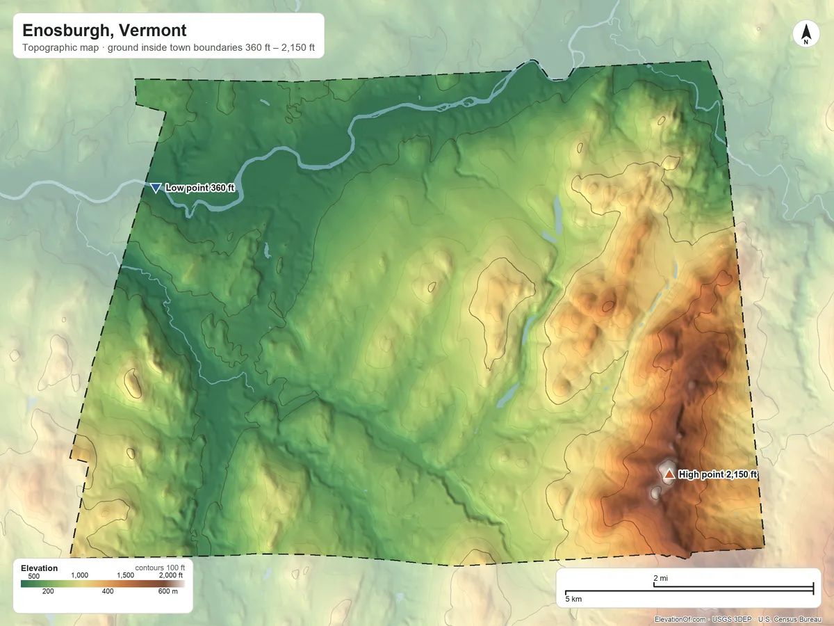 Topographic elevation map of Enosburgh, Vermont, shaded from 360 ft on the northwest side to 2,150 ft on the southeast side