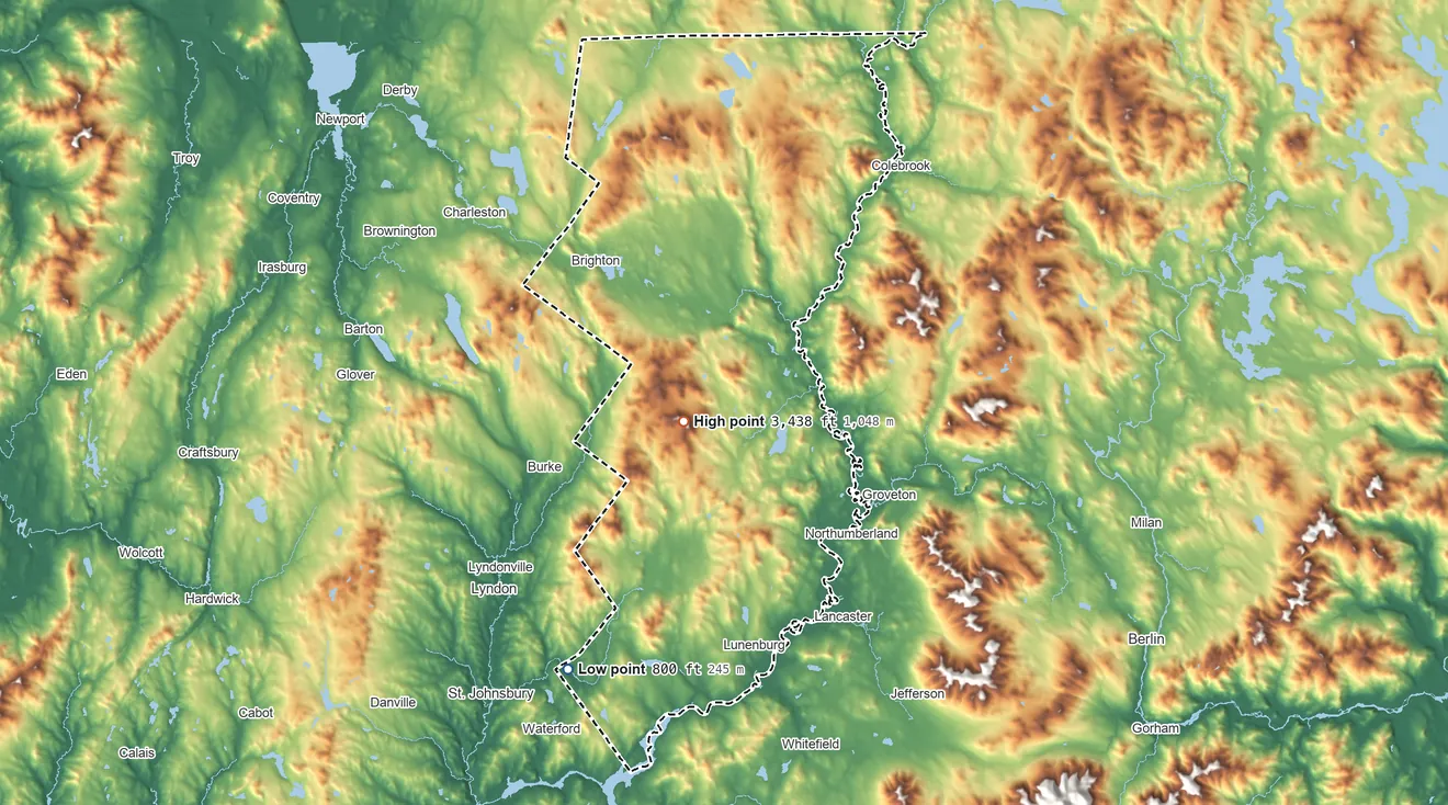 Topographic elevation map of Essex County, Vermont, shaded from 800 ft on the southwest side to 3,438 ft on East Mountain