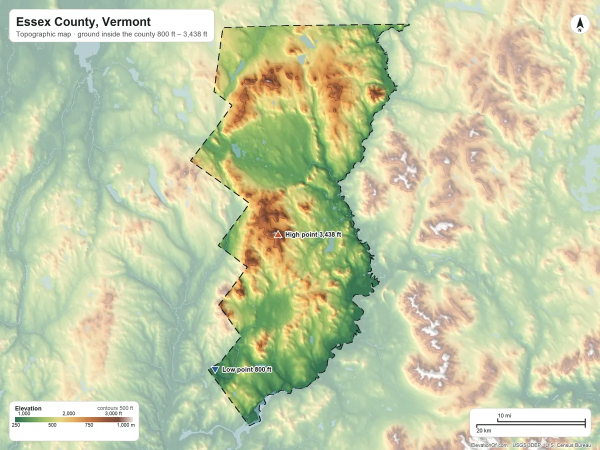 Topographic elevation map of Essex County, Vermont, shaded from 800 ft on the southwest side to 3,438 ft on East Mountain
