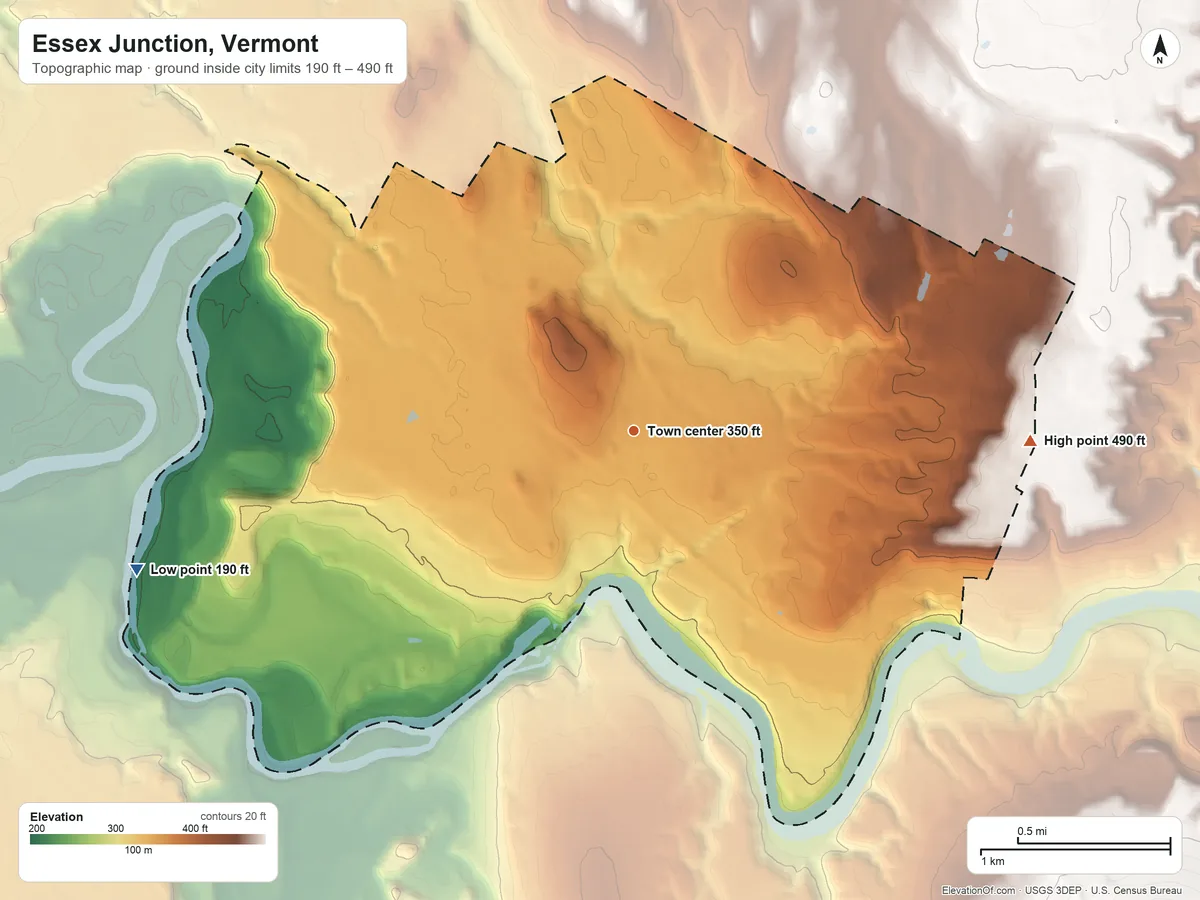 Topographic elevation map of Essex Junction, Vermont, shaded from 190 ft on the west side to 490 ft on the east side