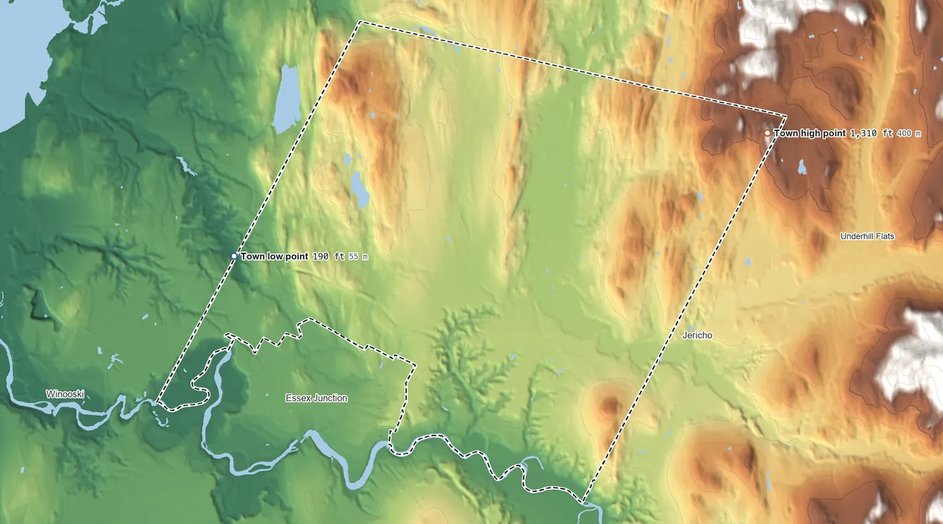 Topographic elevation map of Essex, Vermont, shaded from 190 ft on the west side to 1,310 ft on the northeast side
