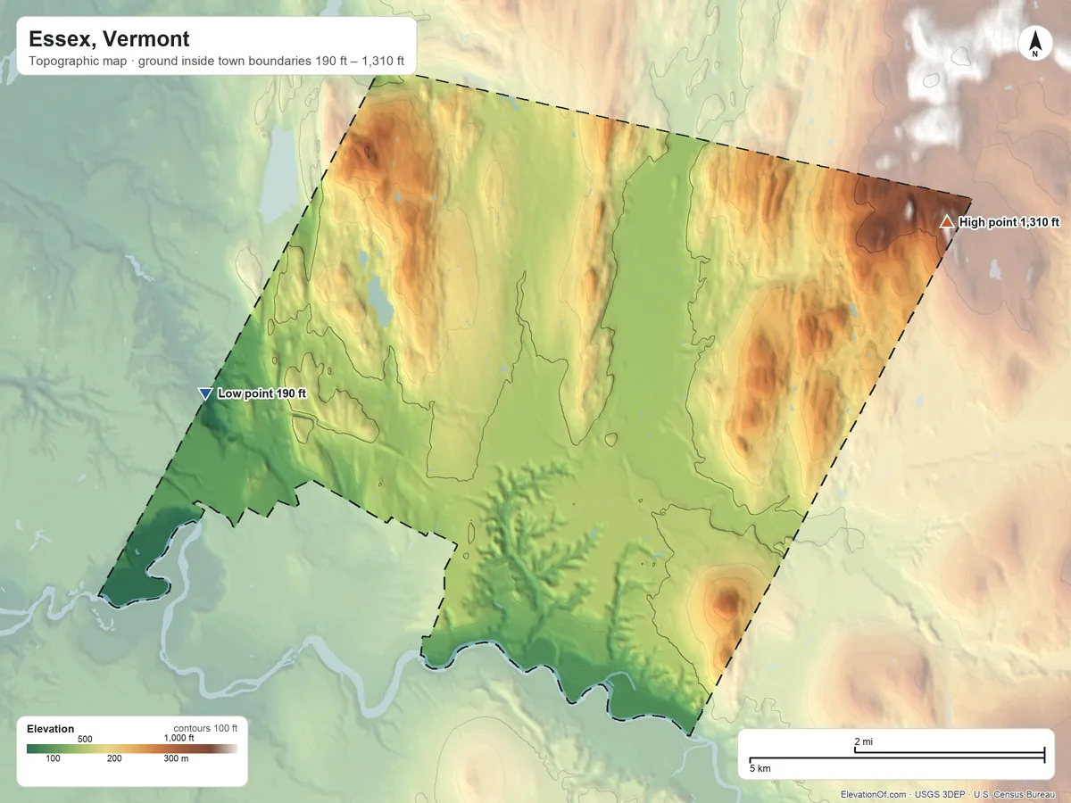 Topographic elevation map of Essex, Vermont, shaded from 190 ft on the west side to 1,310 ft on the northeast side
