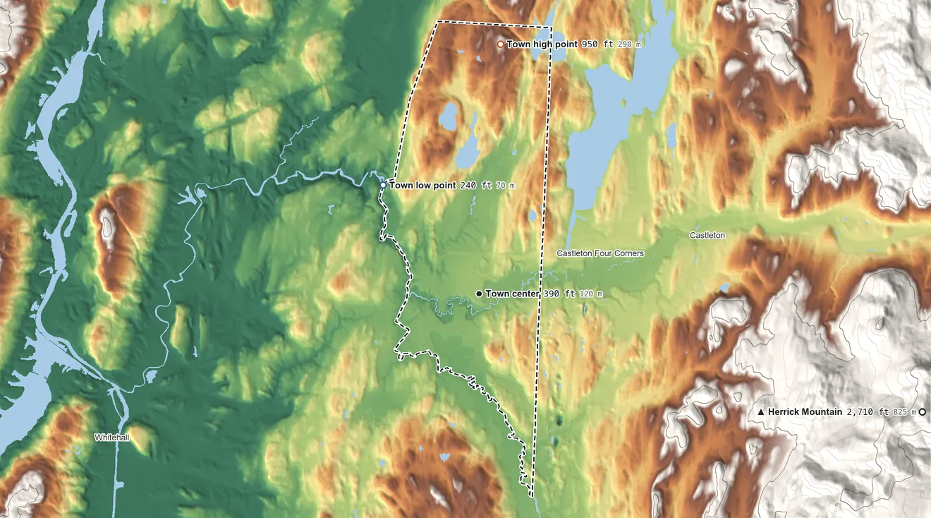 Topographic elevation map of Fair Haven, Vermont, shaded from 240 ft on the northwest side to 950 ft on Coons Den