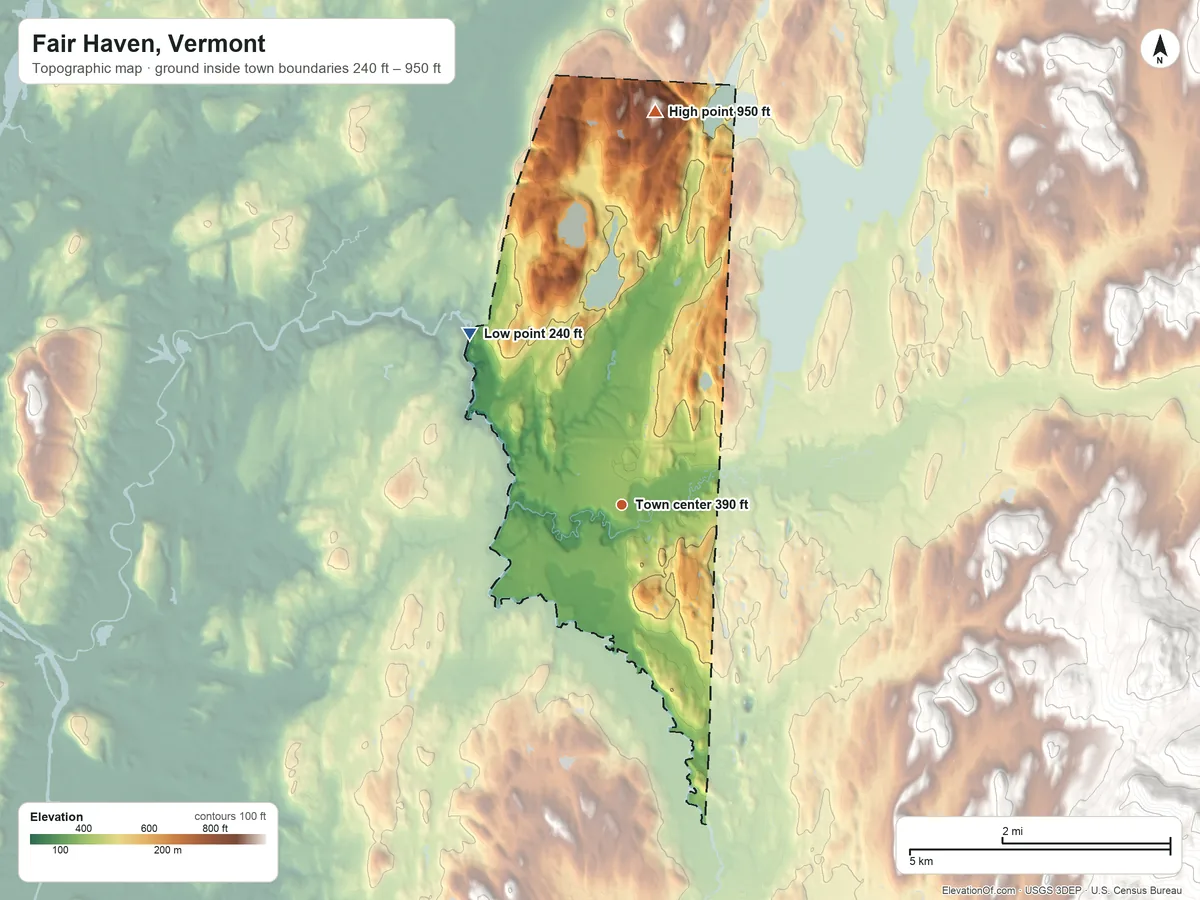 Topographic elevation map of Fair Haven, Vermont, shaded from 240 ft on the northwest side to 950 ft on Coons Den