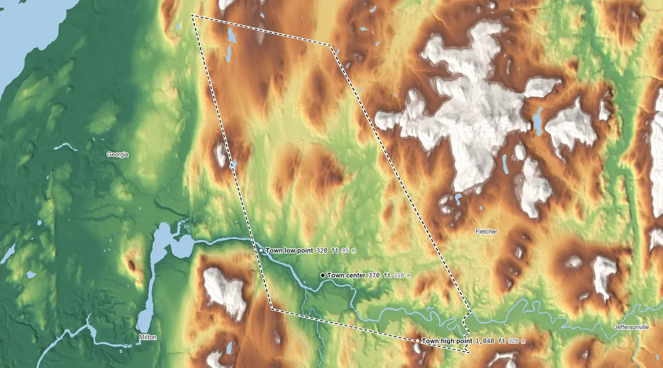 Topographic elevation map of Fairfax, Vermont, shaded from 320 ft on the west side to 1,040 ft on the southeast edge, below higher ground just outside