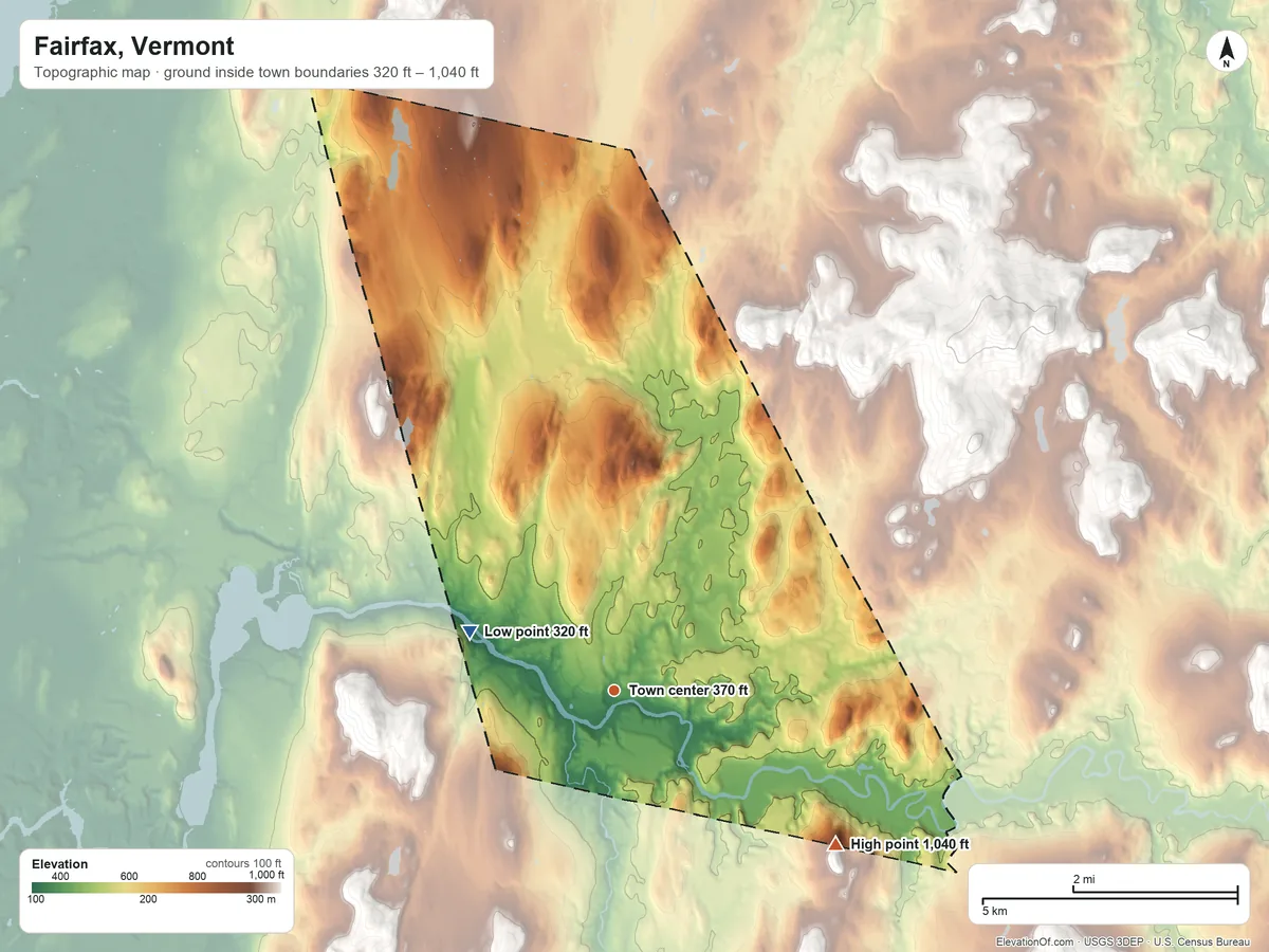 Topographic elevation map of Fairfax, Vermont, shaded from 320 ft on the west side to 1,040 ft on the southeast edge, below higher ground just outside