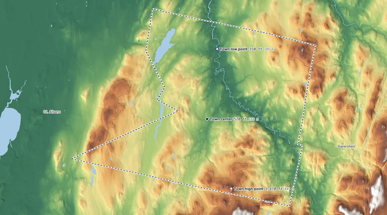 Topographic elevation map of Fairfield, Vermont, shaded from 350 ft on the north side to 1,470 ft on Pine Hill