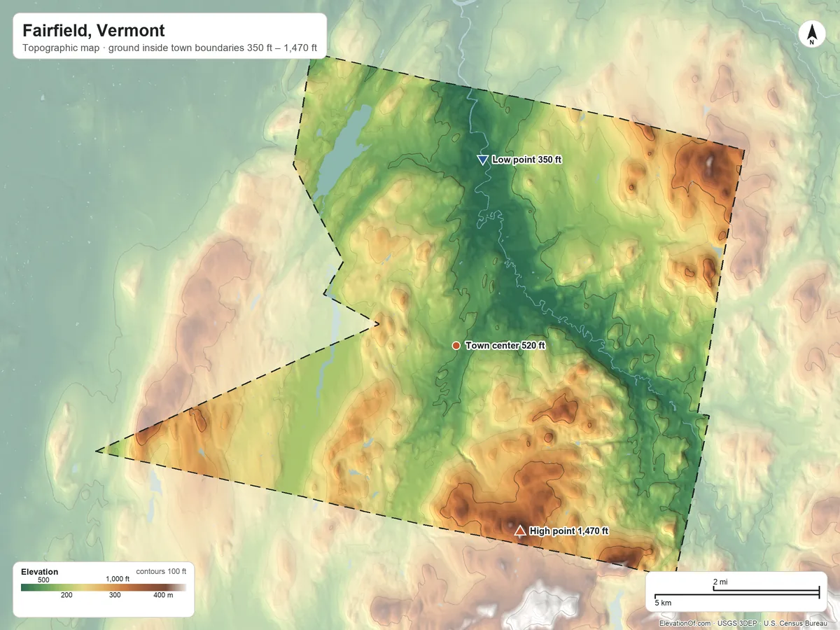 Topographic elevation map of Fairfield, Vermont, shaded from 350 ft on the north side to 1,470 ft on Pine Hill