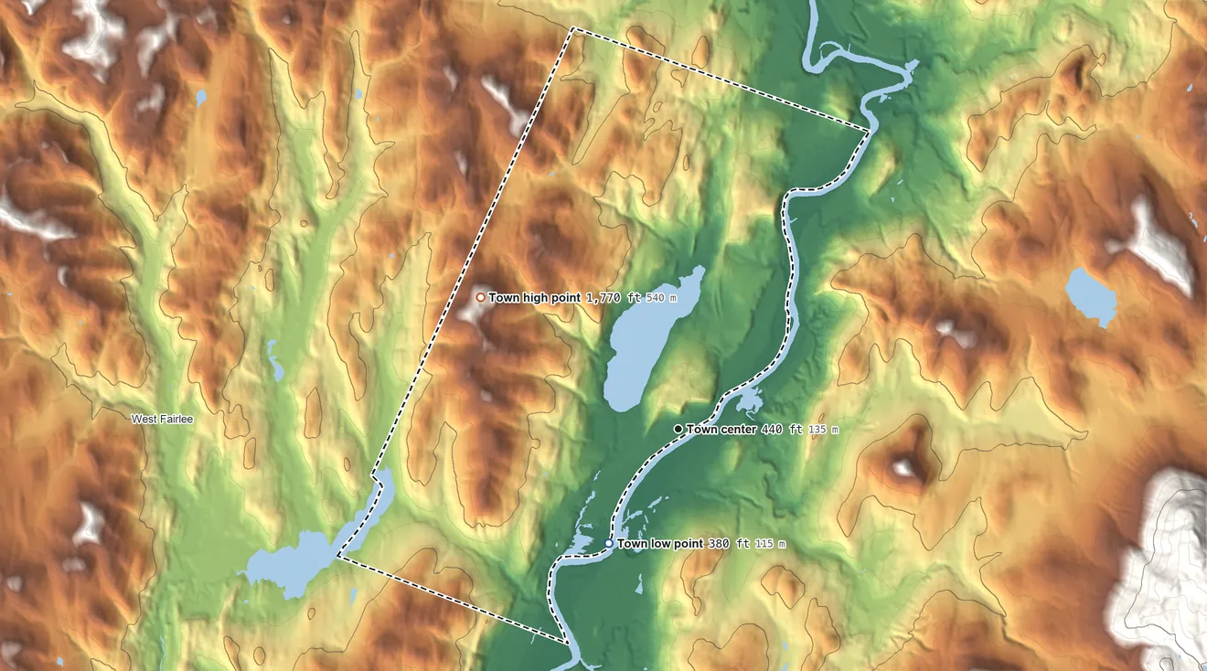 Topographic elevation map of Fairlee, Vermont, shaded from 380 ft on the southwest side to 1,770 ft on Bald Top
