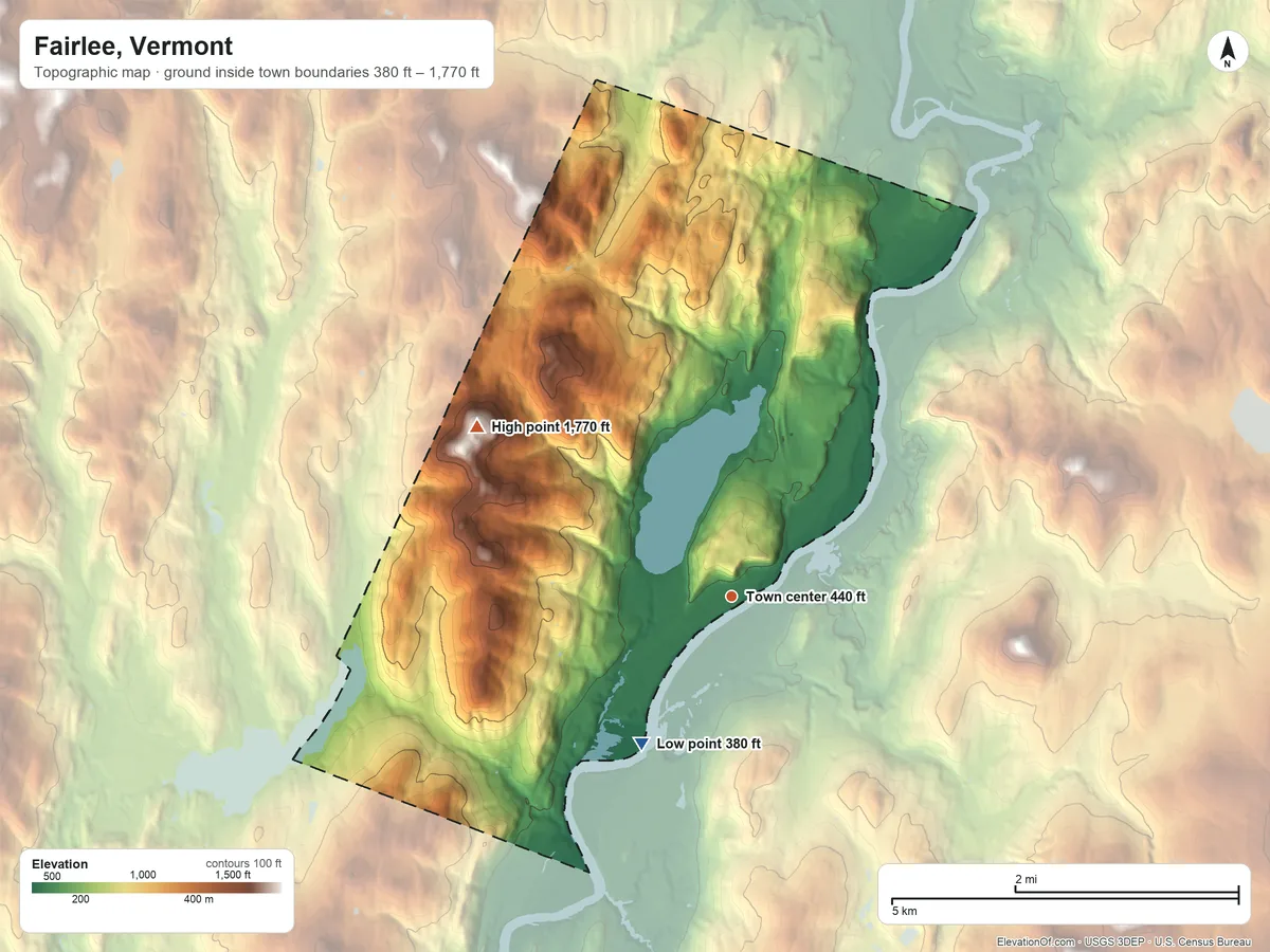 Topographic elevation map of Fairlee, Vermont, shaded from 380 ft on the southwest side to 1,770 ft on Bald Top