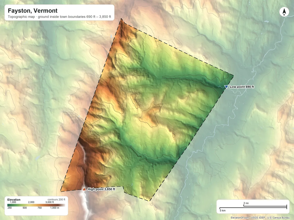 Topographic elevation map of Fayston, Vermont, shaded from 690 ft on the northeast side to 3,850 ft on the southwest side